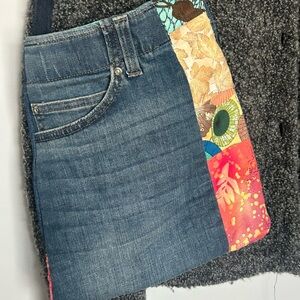 Boho denim purse upcycled jeans Colorful fabric.
